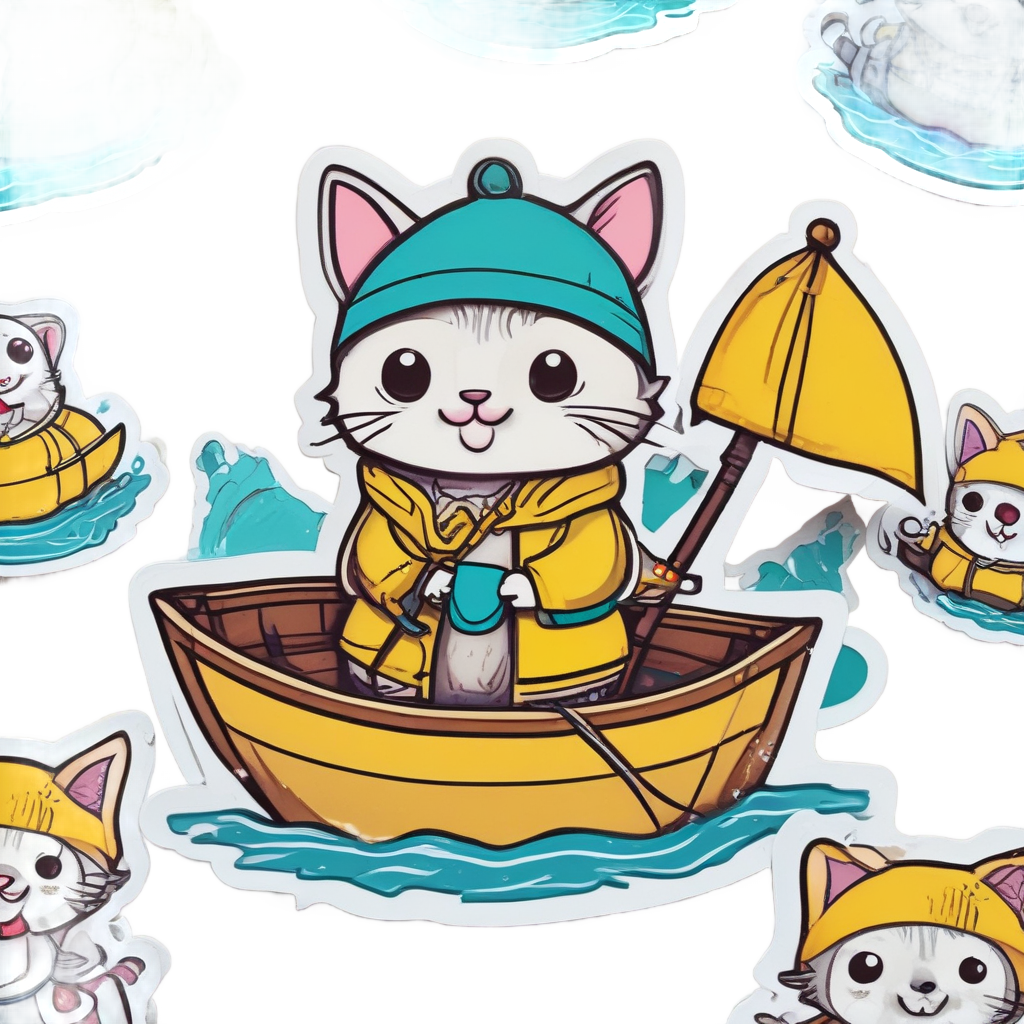 A surprised chibi cat in a raincoat and hat sitting in a tiny boat, holding a fishing rod with a boot on the line, on a plain white background.