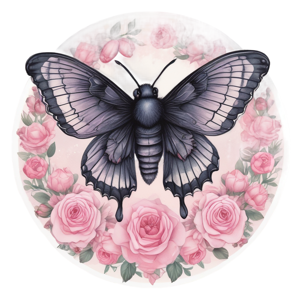 Floating black moth with rose petals sticker