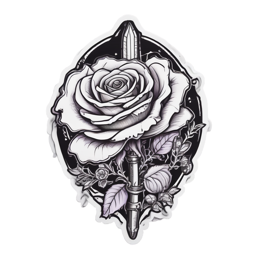 A floating dagger and rose connected by a thin thread of ink in black and lavender
