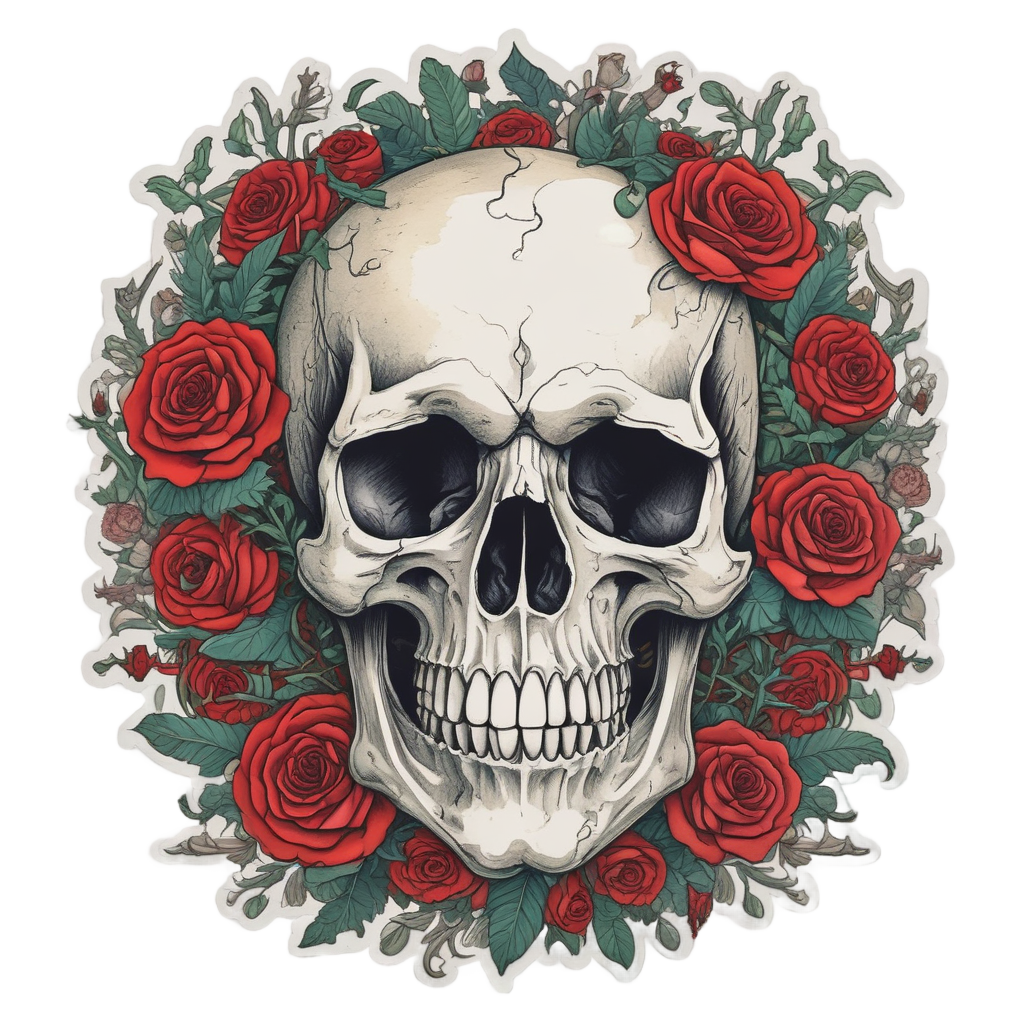 A skull and dagger tangled with rose vines and red flowers in watercolor.