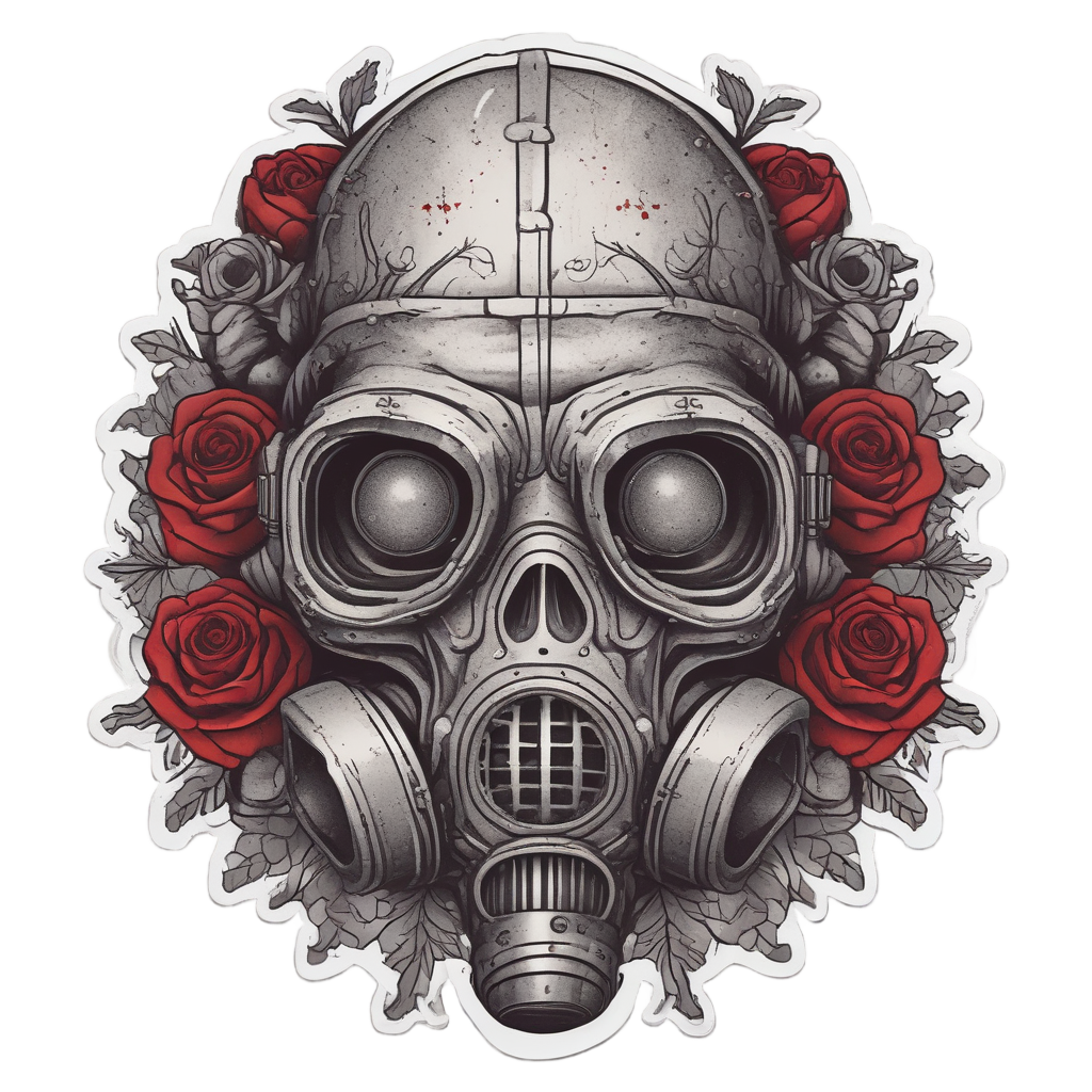 Die-cut sticker of a gas mask skull entwined with roses and vines, papercut style.