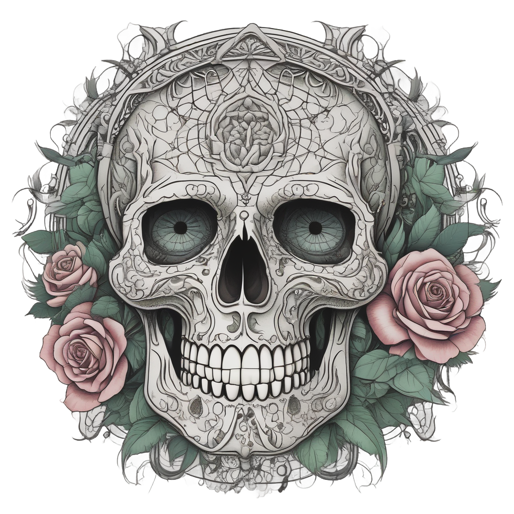 Floral skull dreamcatcher with rose web and sage green petals, dotwork tattoo style