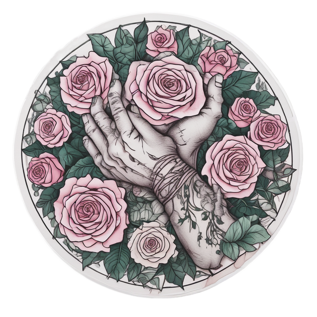 Watercolor blackwork hand with roses and vines
