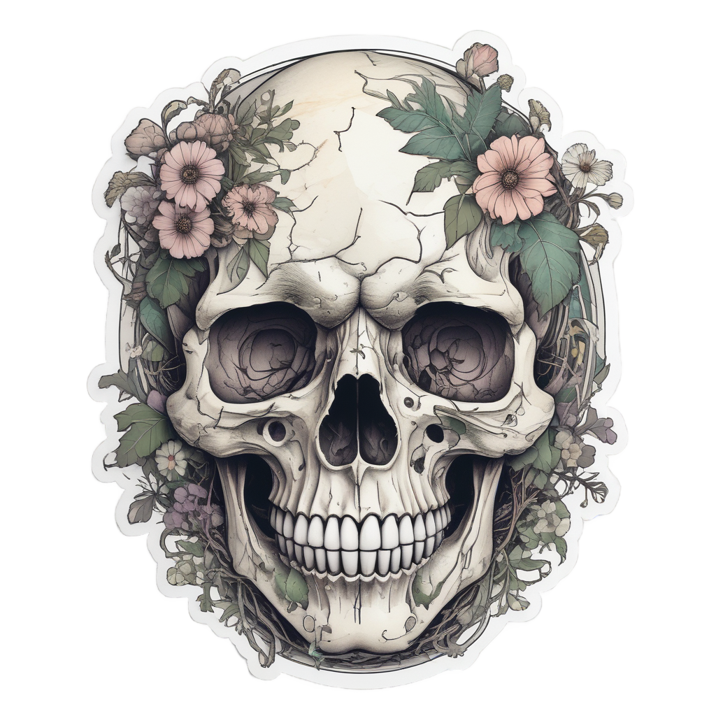 Floral Fracture Skull — blackwork skull stickers