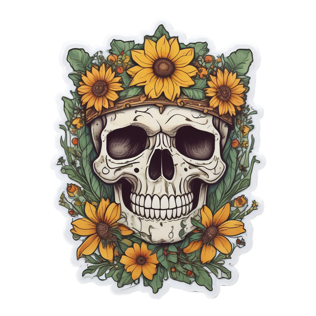 Floral Skull Dagger Crown — blackwork skull stickers