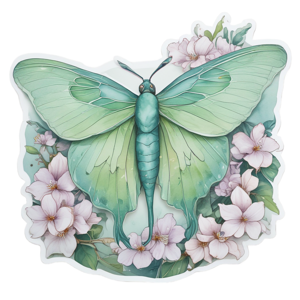 A luna moth with teal wings hovers over white jasmine flowers in watercolor.