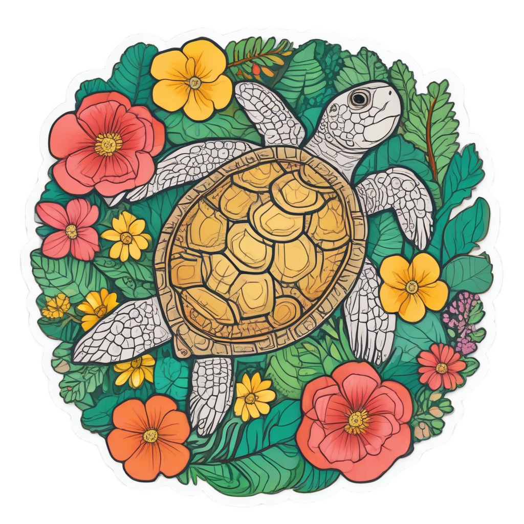 A papercut sea turtle with a wreath of tropical flowers and leaves.