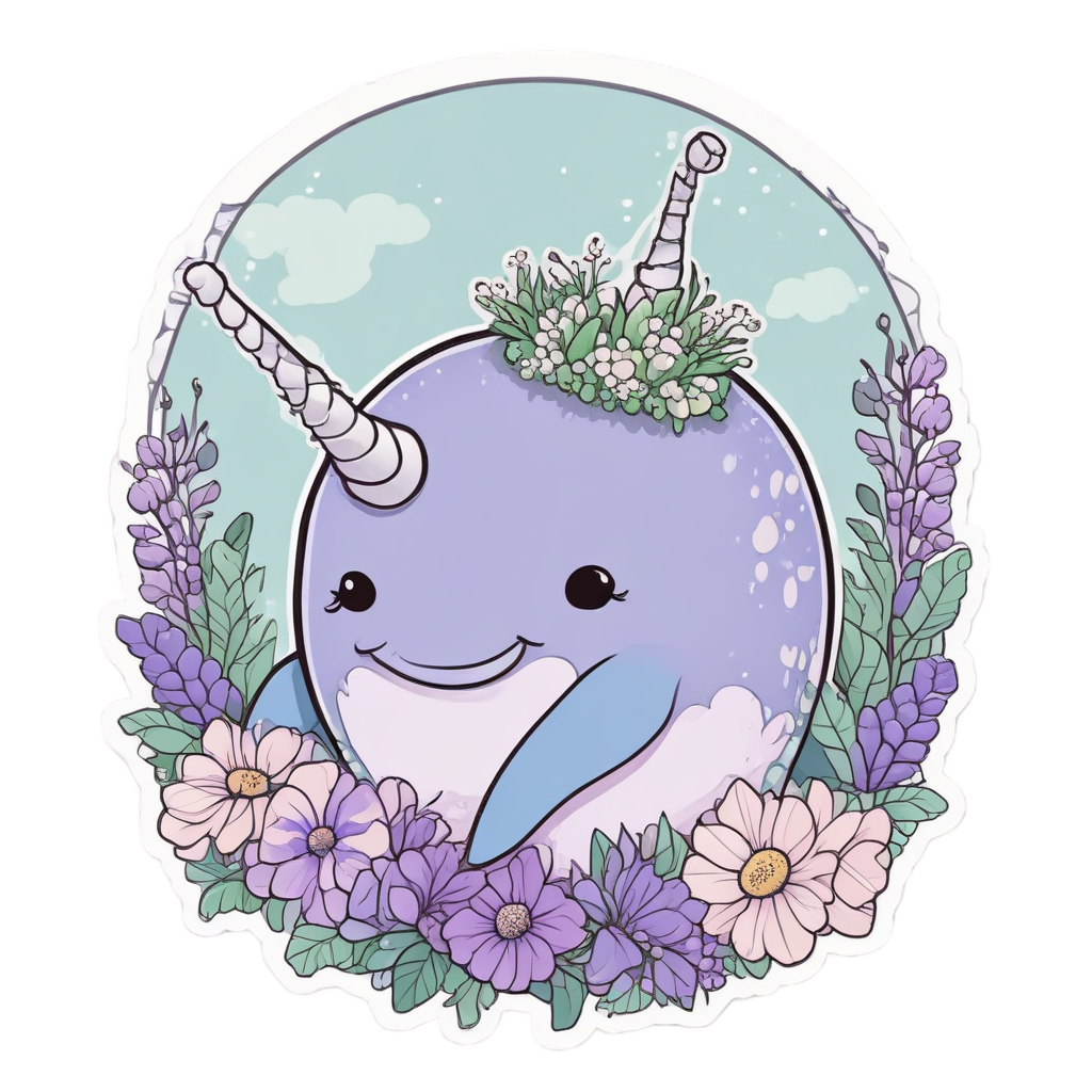A shy narwhal wearing a flower crown