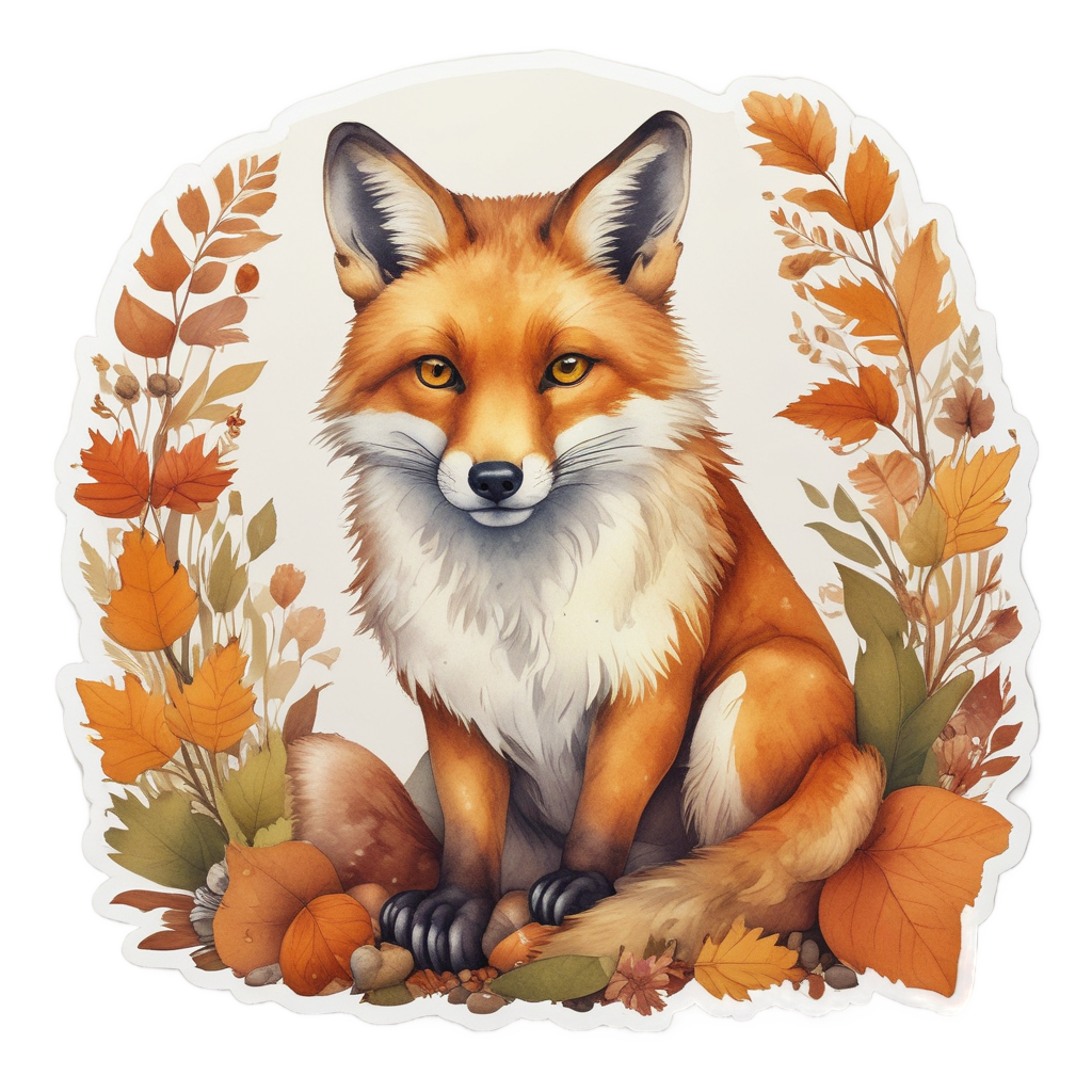 Fox with Acorn and Autumn Leaves — wildlife stickers