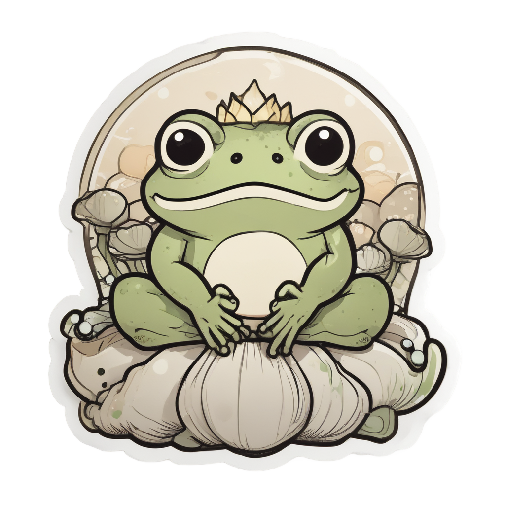 Frog meditating cross-legged on lotus-shaped mushroom with halo