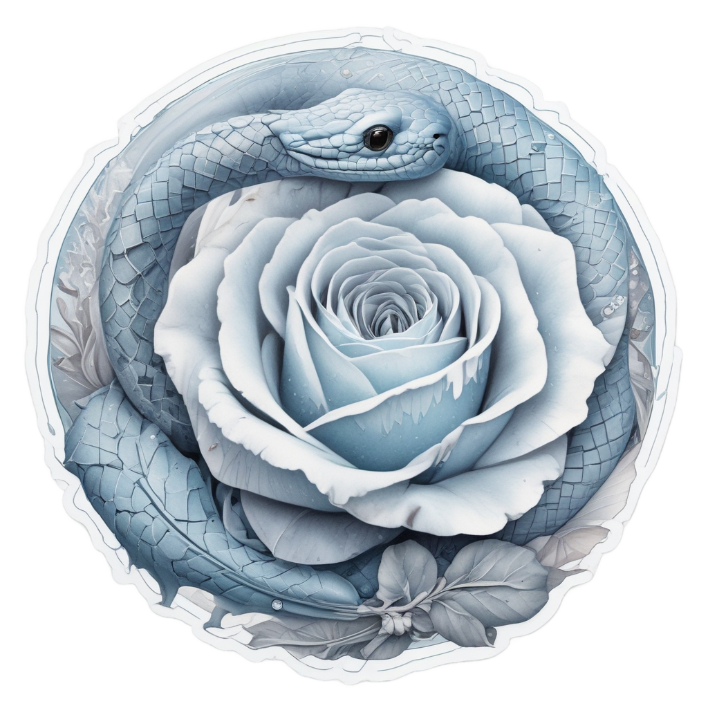 Blue-grey snake winding around a frosty crystal rose