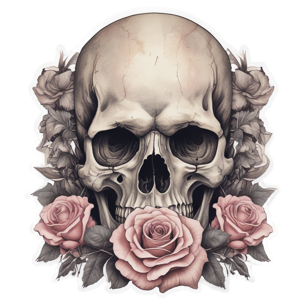 Frowning Skull Cradling Rose — watercolor skull & roses stickers