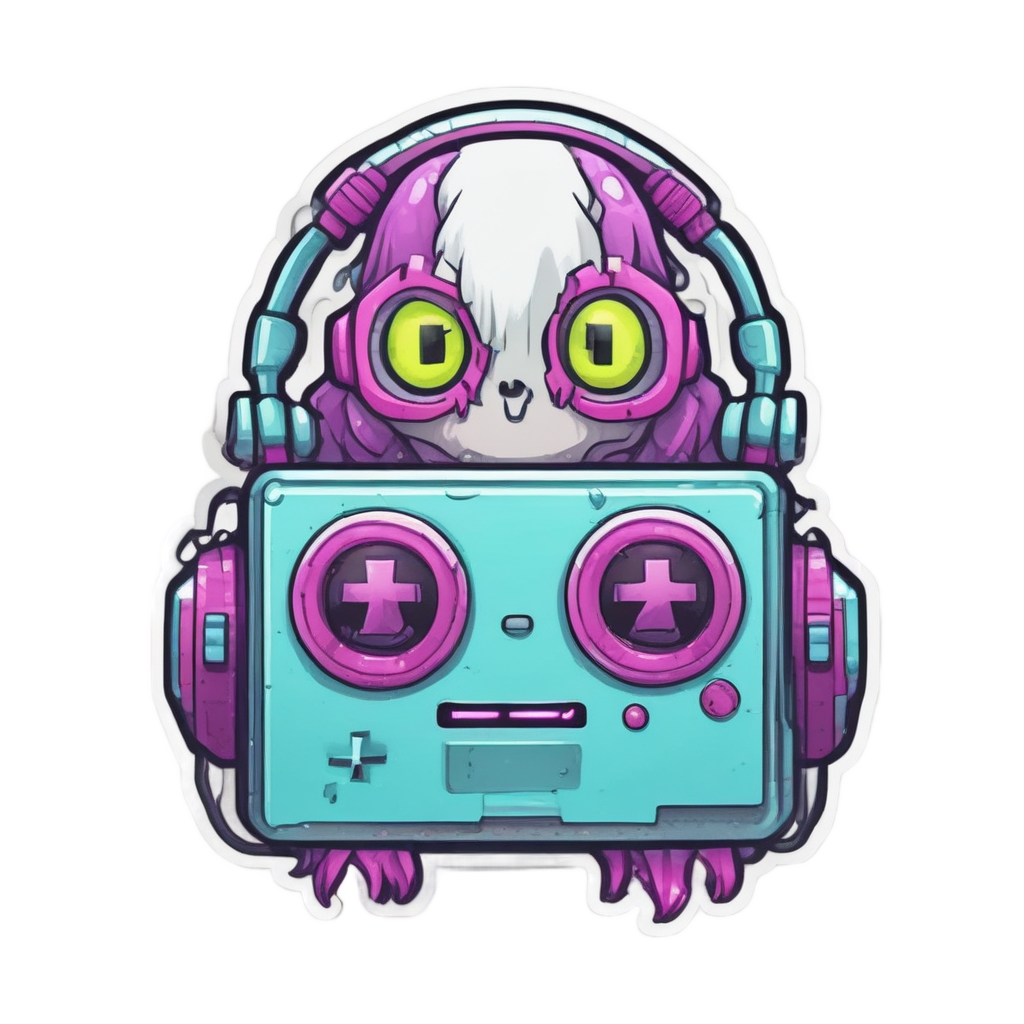 A pixel ghost with headphones and a game controller glows in neon colors.