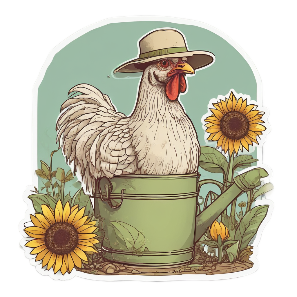 Gardener chicken with watering can — farm animals stickers