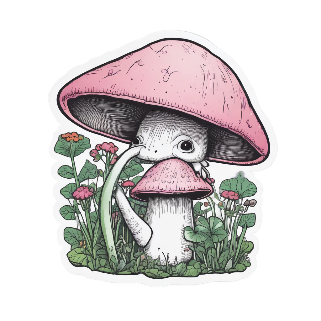A mushroom with a sunhat watering a plant, lineart style