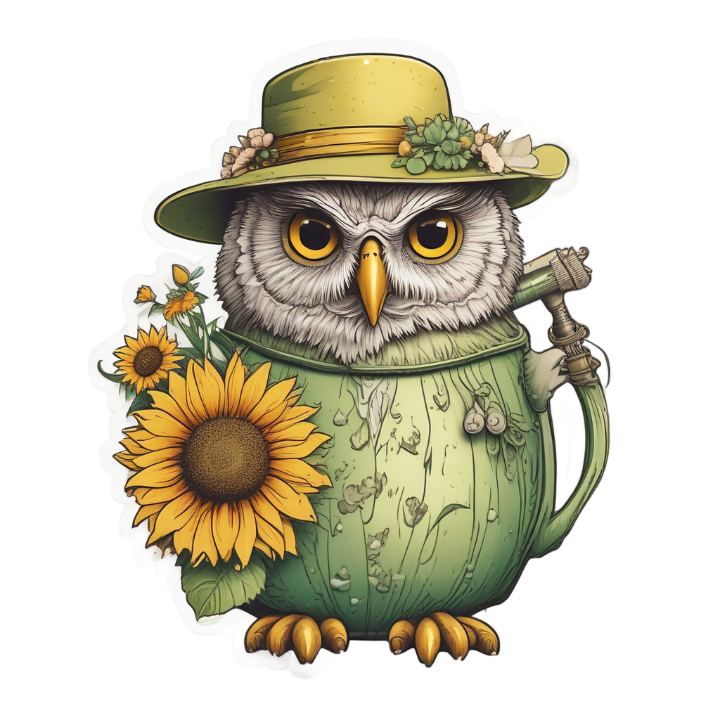 Gardening Owl with Flowers — birds stickers