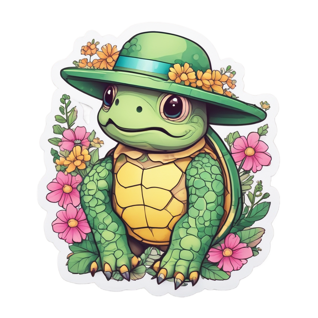 A cute sea turtle gardening with a watering can and flowers.