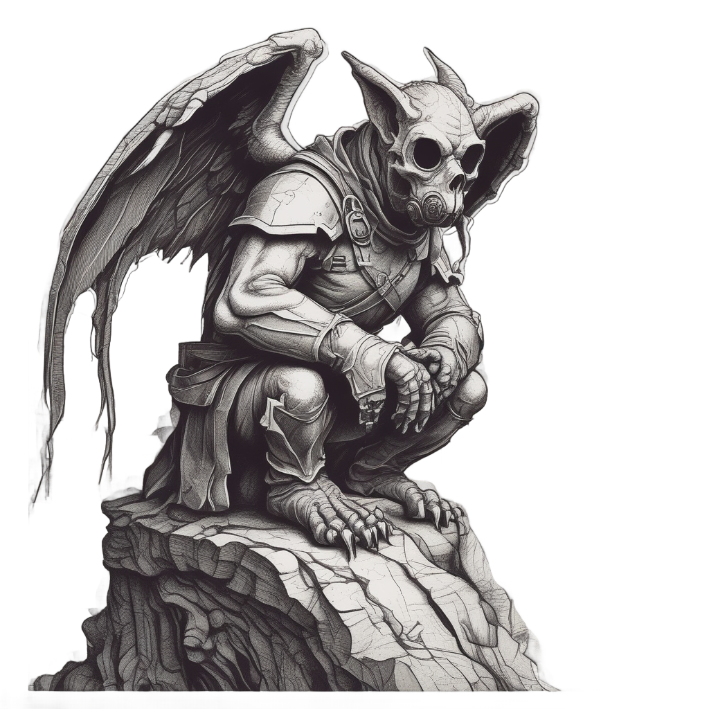 Gray gargoyle on stone perch with a gas mask and spread wing