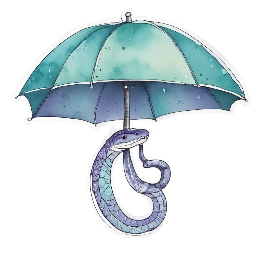 A fine-line snake sheltering under a watercolor leaf umbrella in the rain