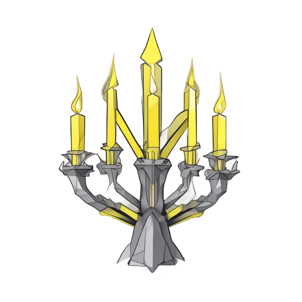 Geometric candelabra with neon yellow triangular flames