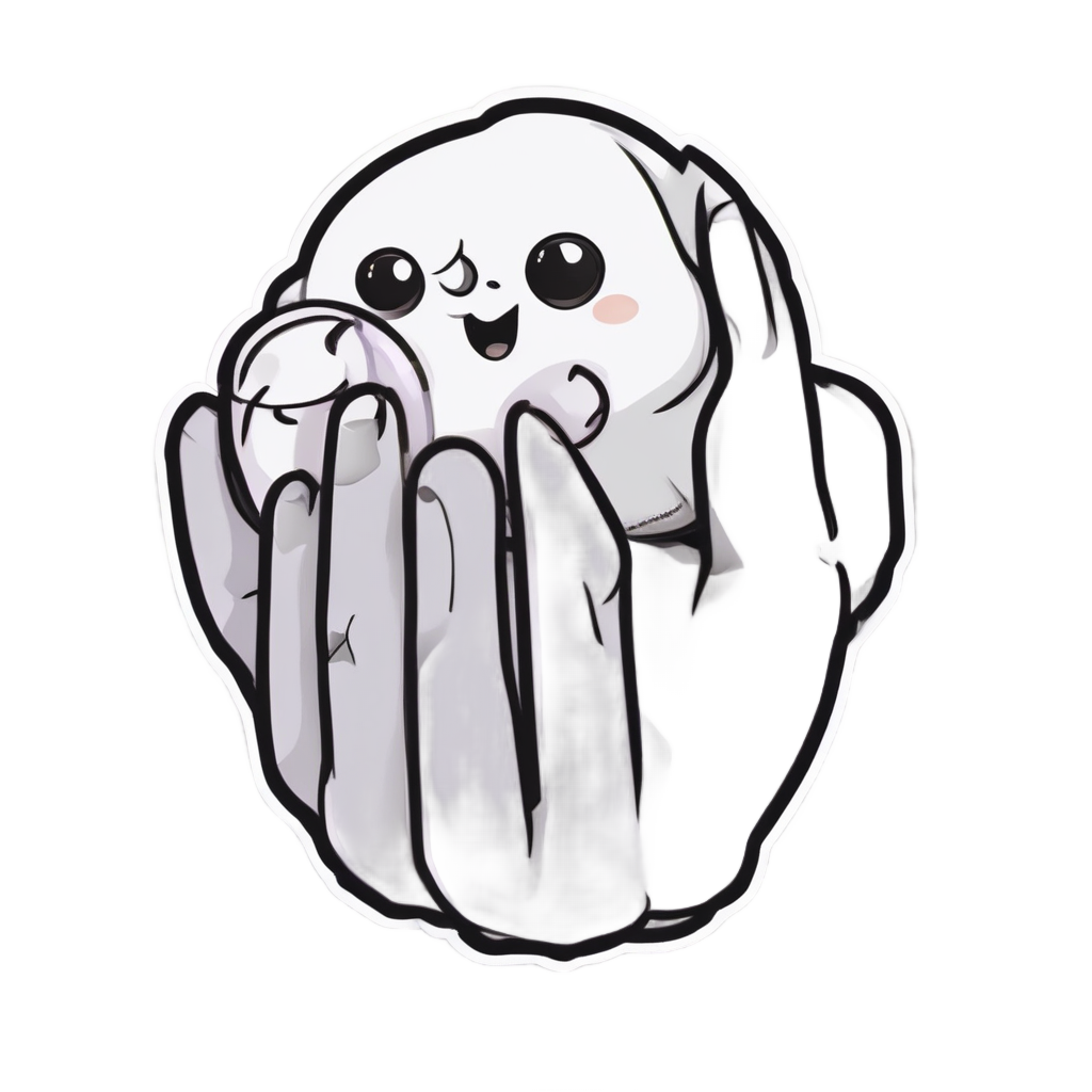 A cute gray hand of fate with a small lavender ghost peeking behind a finger.