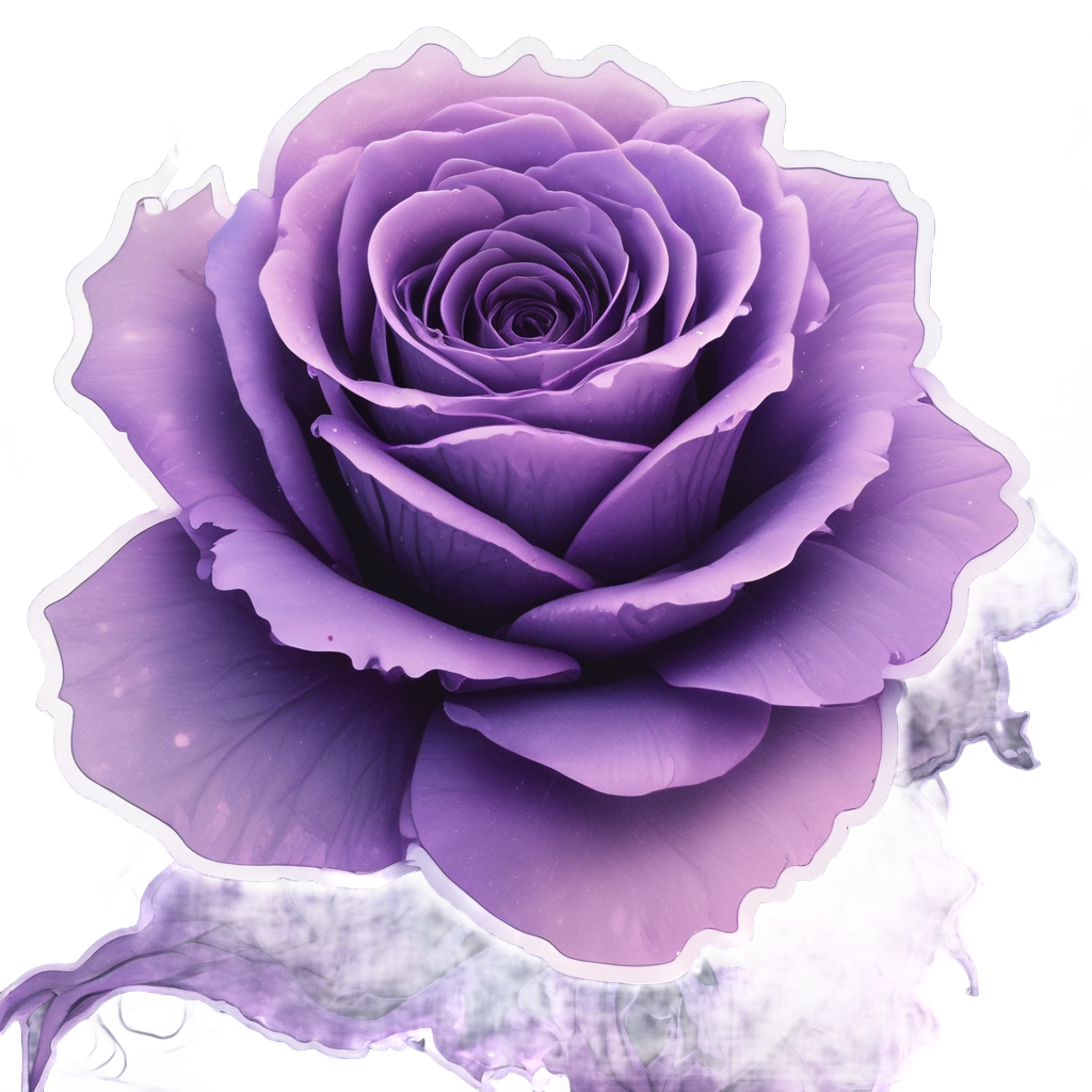A translucent dark rose glows in pale ultraviolet and neon lavender, floating in a misty void.
