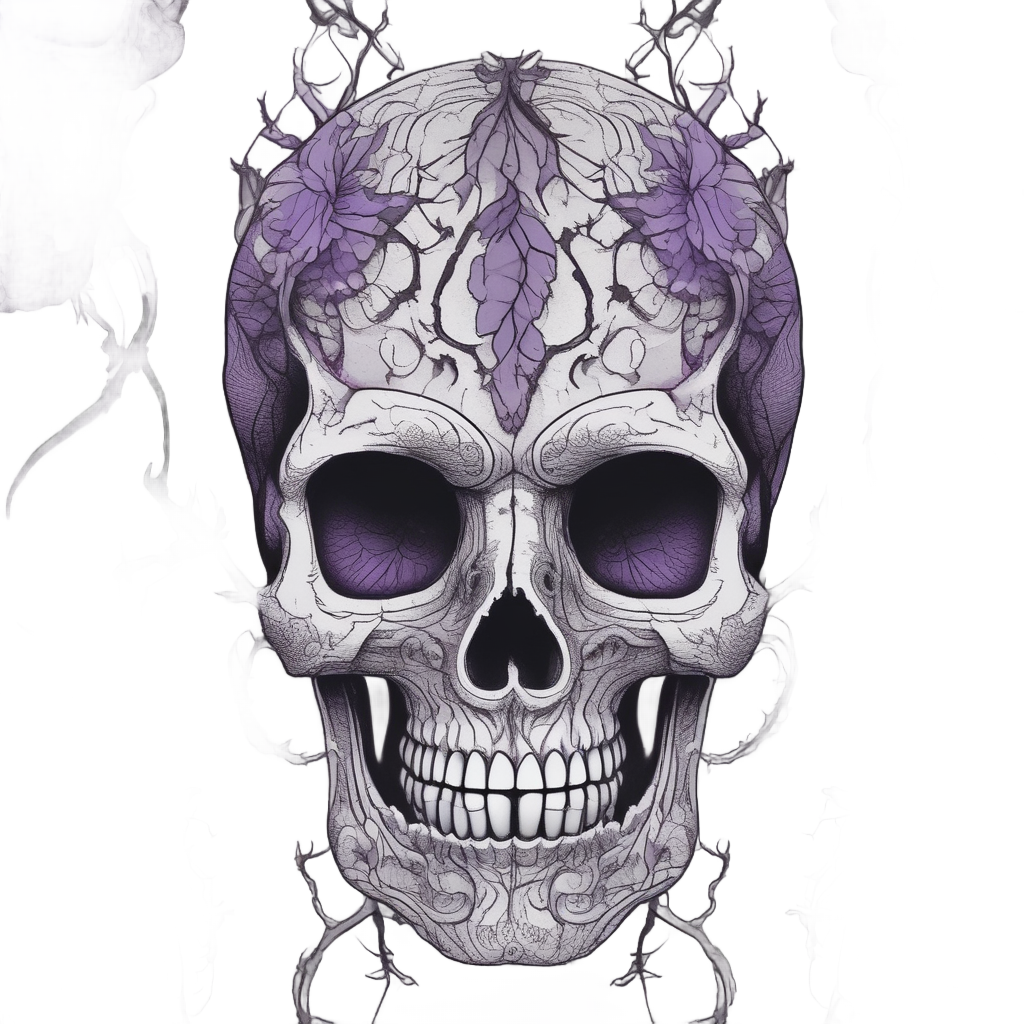 A ghostly papercut skull with black vines creeping through its eyes