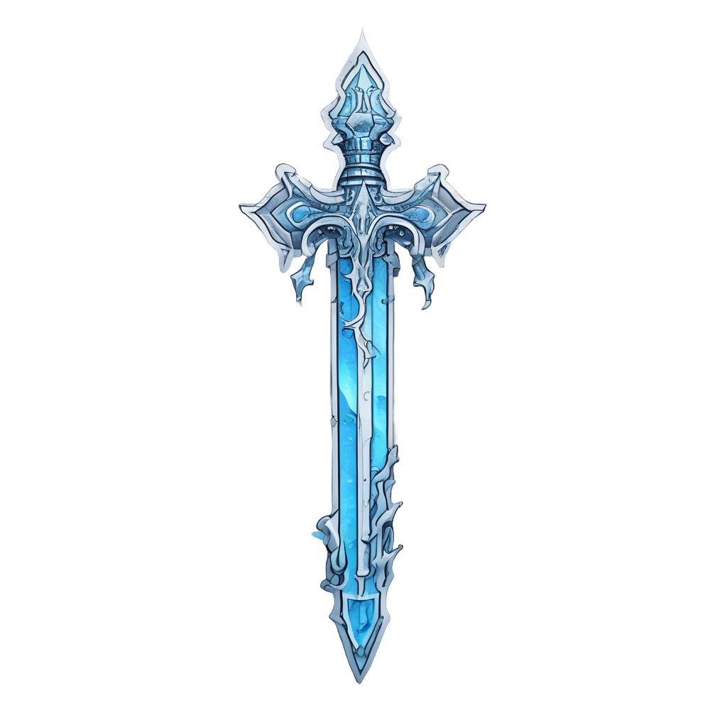 Translucent ice heart blade glowing neon blue with frost particles