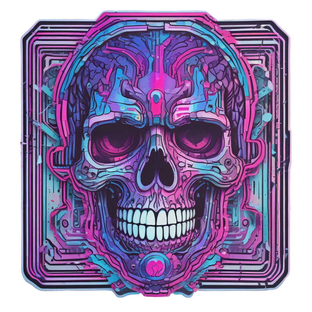 Glitch Circuit Skull — neon cyber skull stickers
