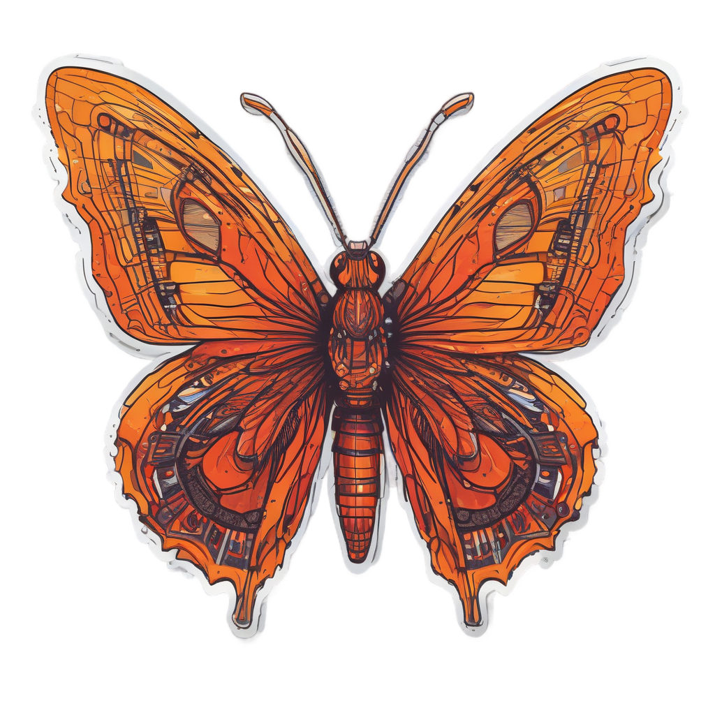 Glitch neon butterfly with orange eyes and red pixel lines