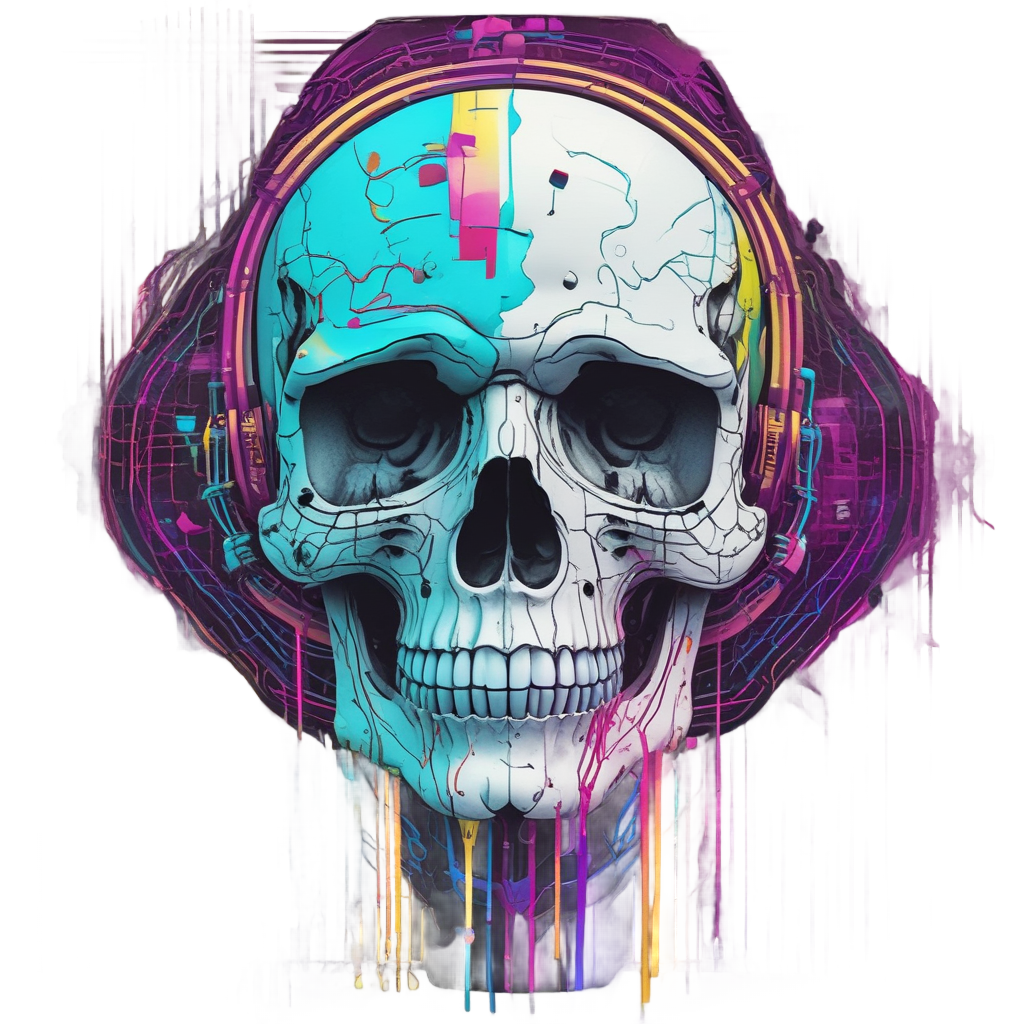 Glitch Skull on Neon Grid — war-paint skull stickers