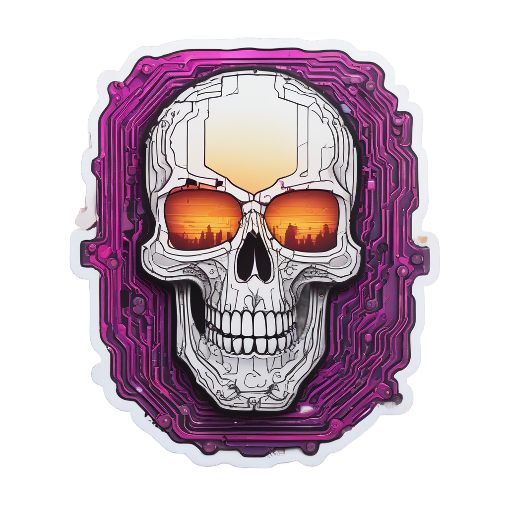 Glitch Skull Sunset — neon cyber skull stickers