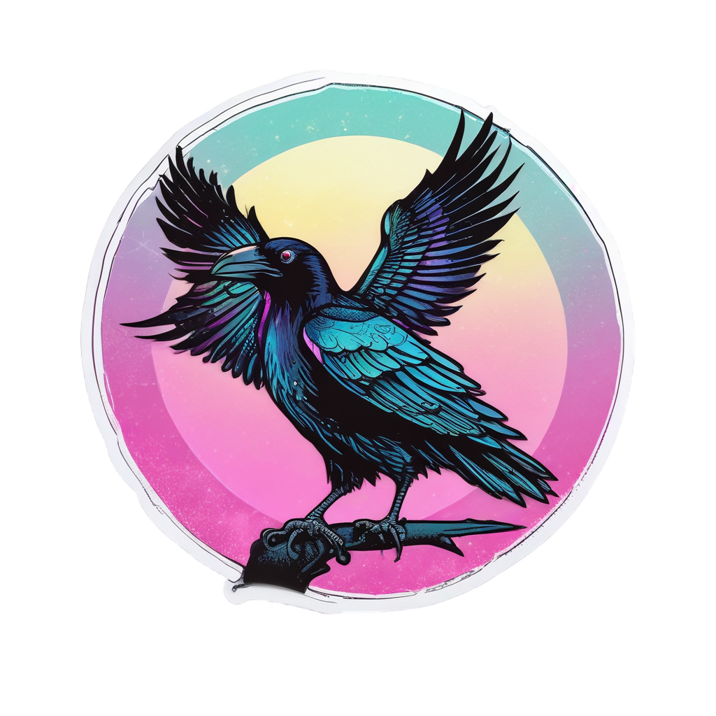 A crow sitting on a neon crescent moon holding a star in its beak