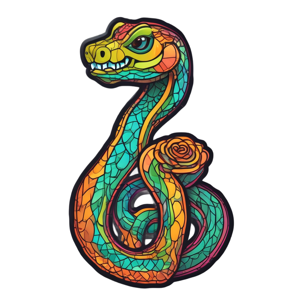 A green and cyan neon snake dancing with a glowing pink and orange rose in its mouth.