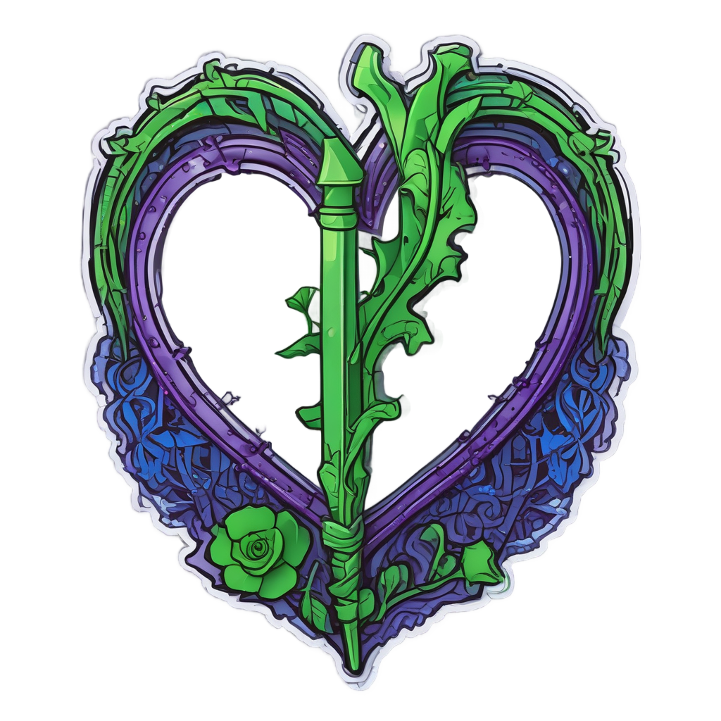 Neon green thorny vine and dagger in heart shape on white
