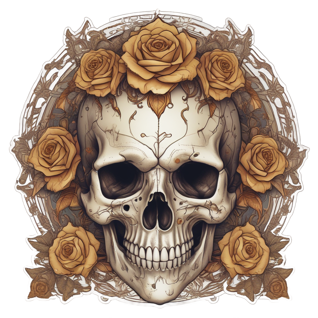 Golden Thorn Embrace — watercolor skull & roses stickers