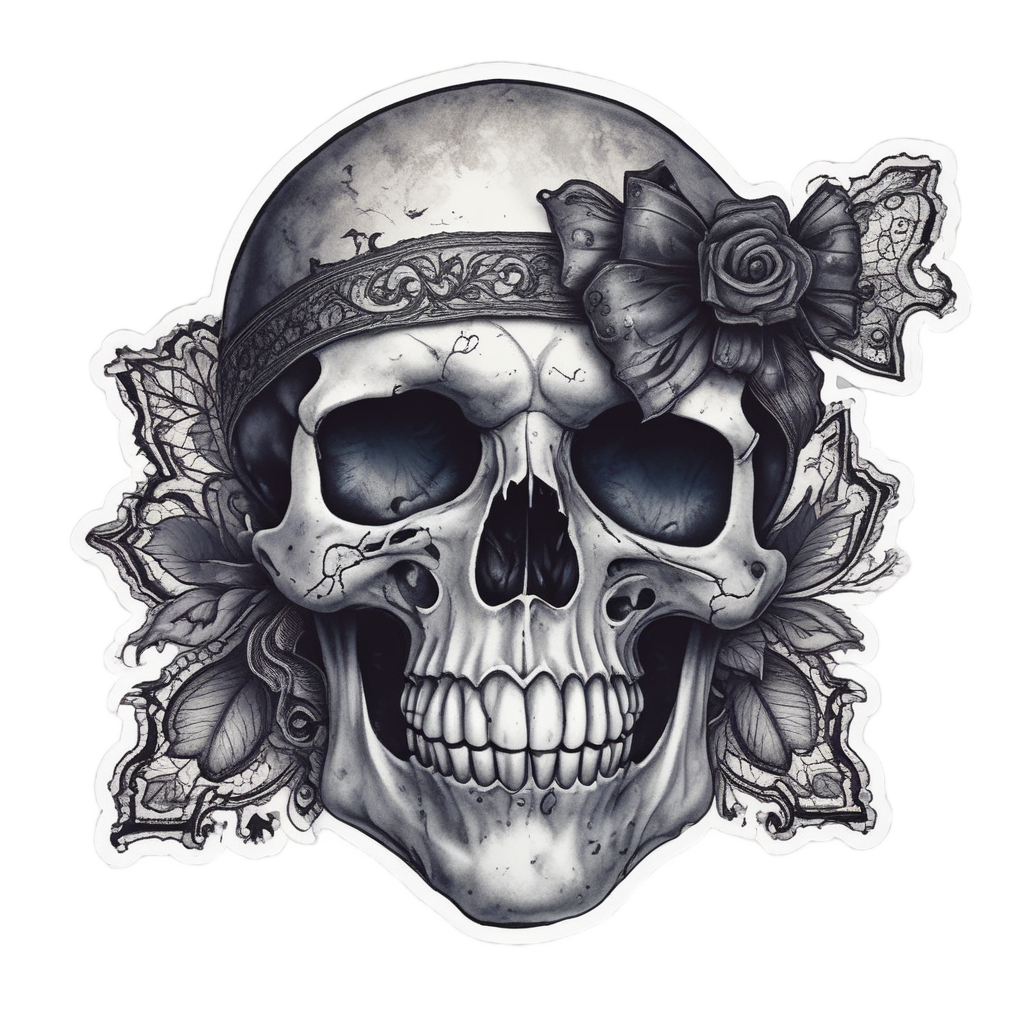 A dark watercolor skull with a tattered black lace bow
