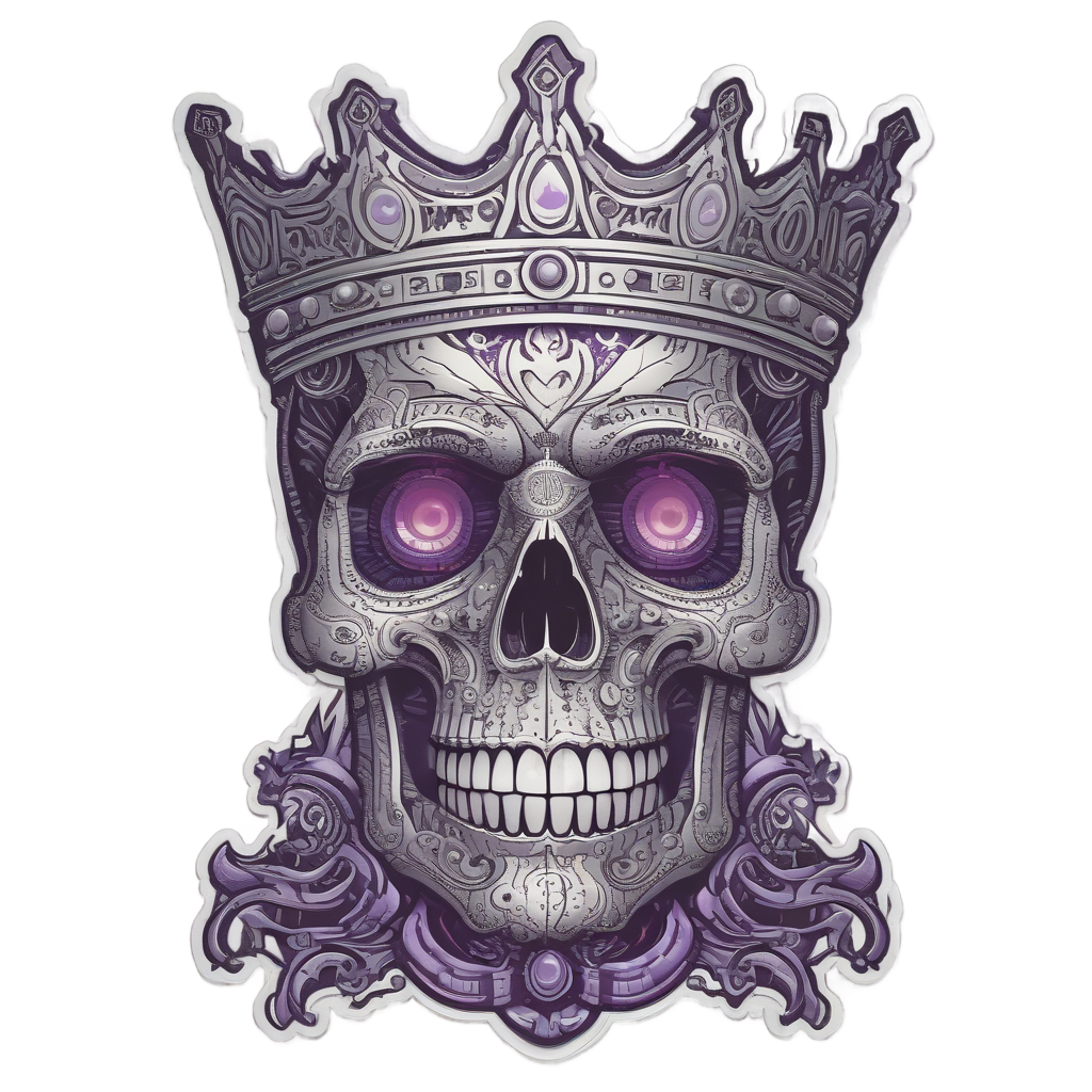A purple and black skull with a silver circuit crown and red eye glow.