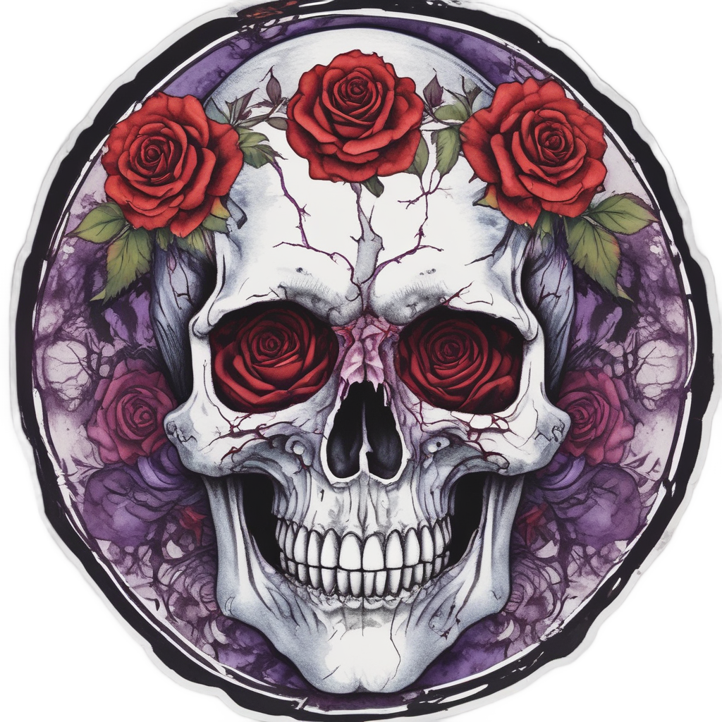 A gothic watercolor handprint skull with a dark red rose on the forehead