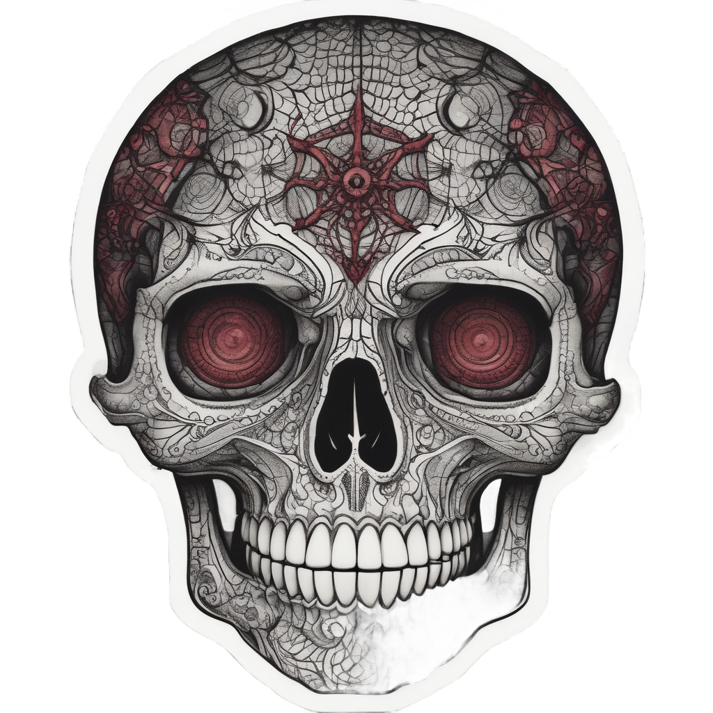A skull with black and crimson watercolor lace and a spiderweb