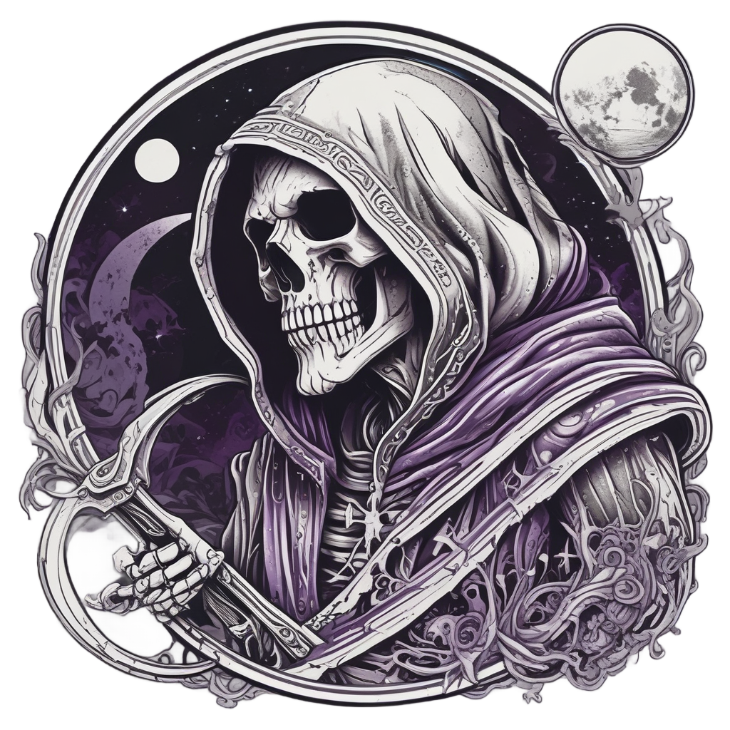 Gothic skull reaper with moon phases on skull