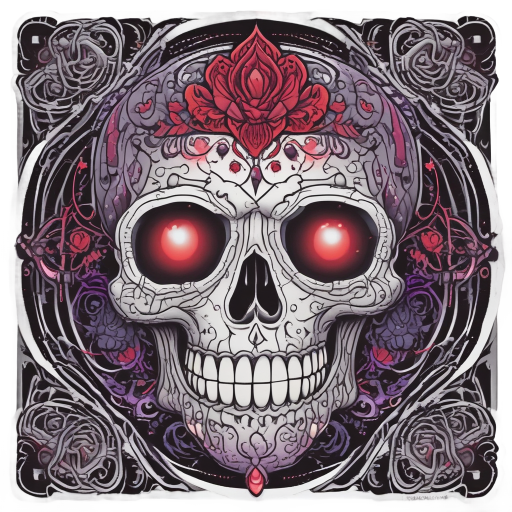 Neon crimson gothic calavera holding a cracked glass heart