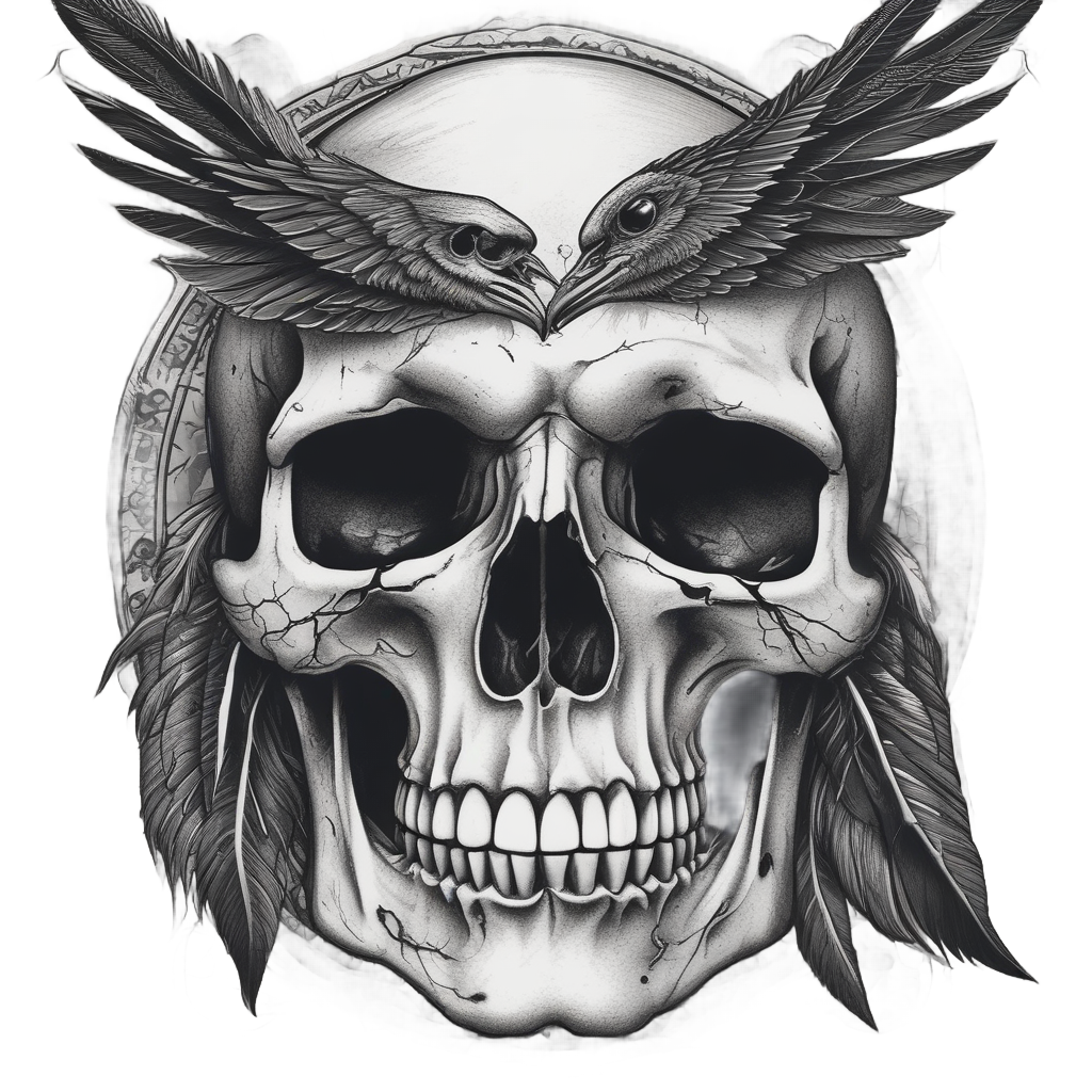 Cracked skull with black raven feather, somber expression