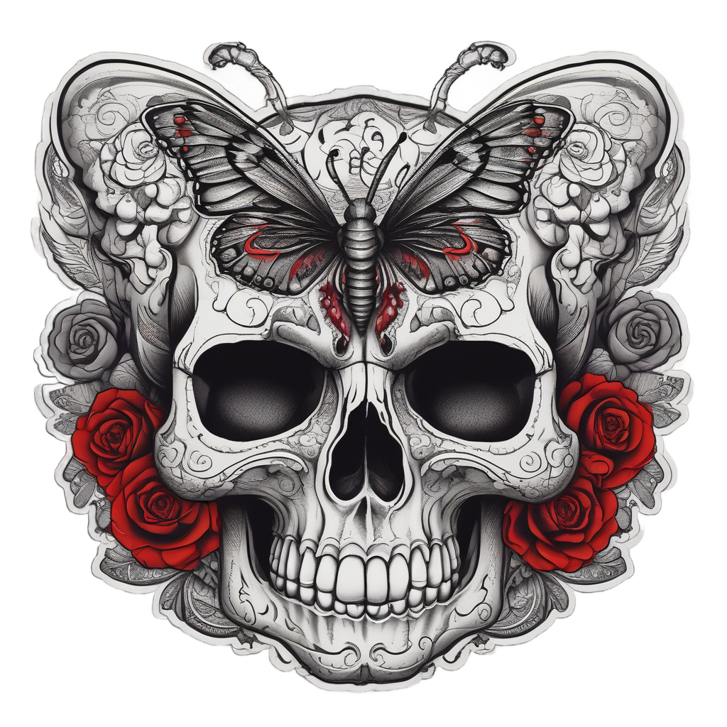 Butterfly calavera with rose wings holding a thorny stem in teeth