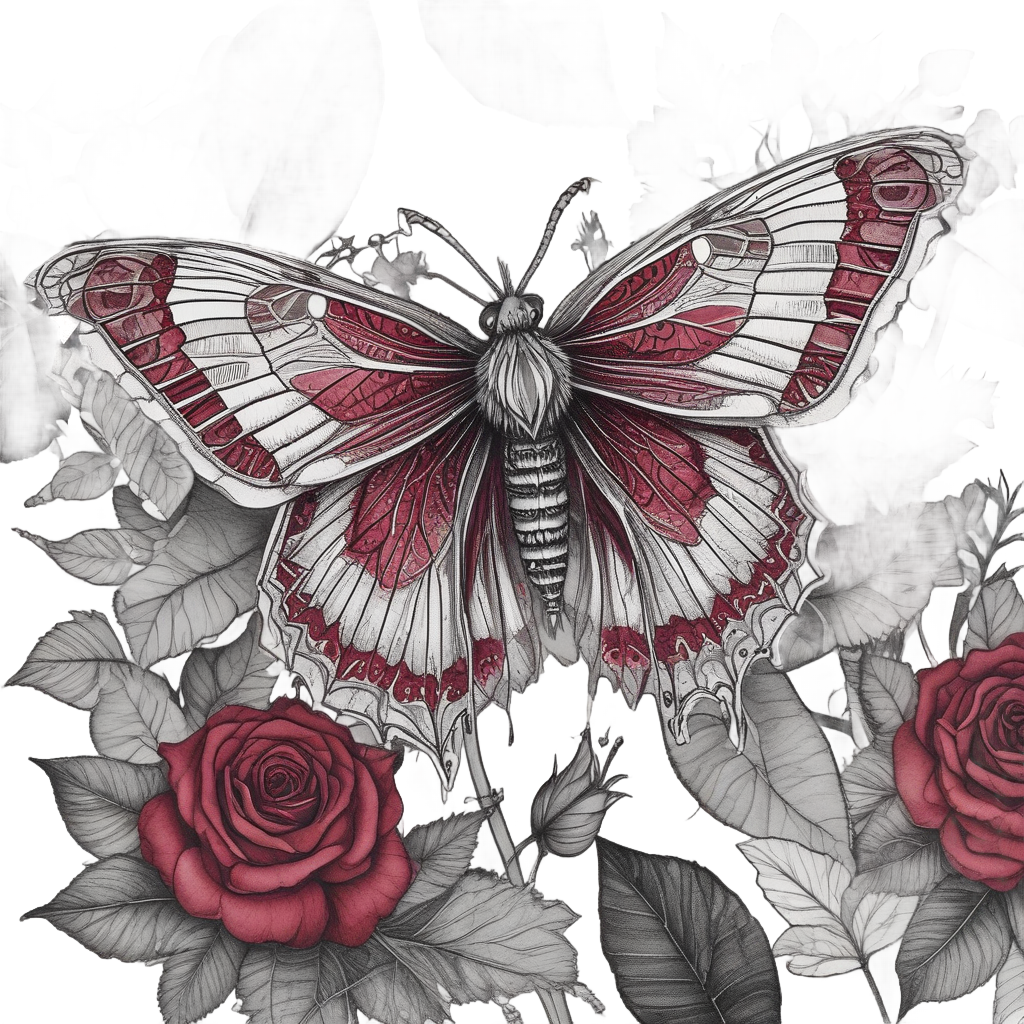 Watercolor blackwork moth with crimson rose wings and a white tear on a skeleton leaf