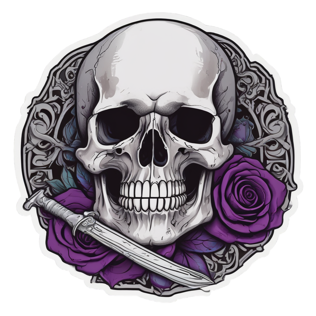 Gothic skull with dagger through black rose on white background
