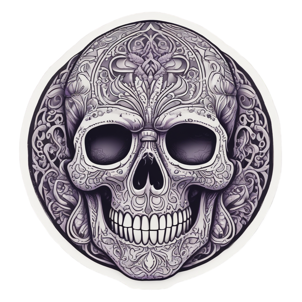 A terracotta skull with intricate gothic tattoo ornamentation on a white background