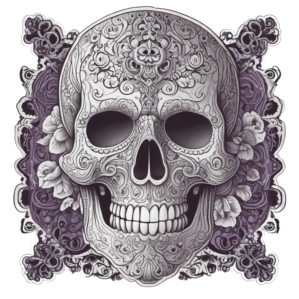 Gothic skull with lace crossbones in purple lineart