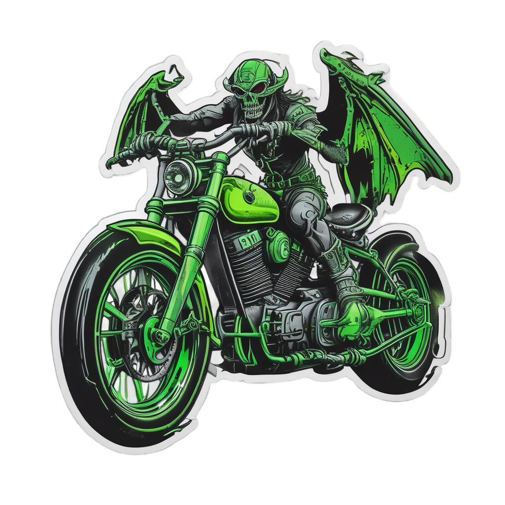 Neon green and black gargoyle-themed chopper motorcycle on white background.