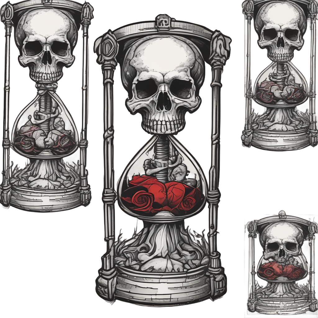 Weeping reaper skull atop hourglass with black tear streaks flowing into sand